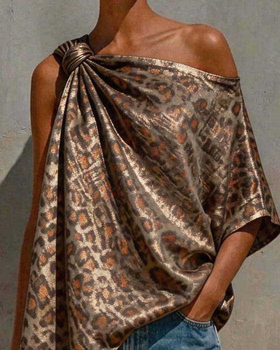 Bluse Goldfolie Leopard Ein-Schulter Twist