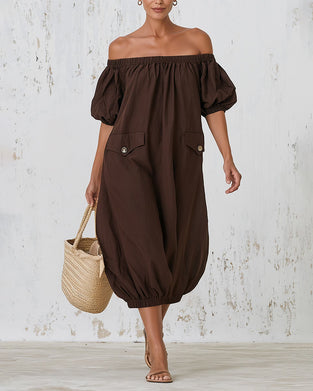Kleid Off-Shoulder Puffärmel Tasche