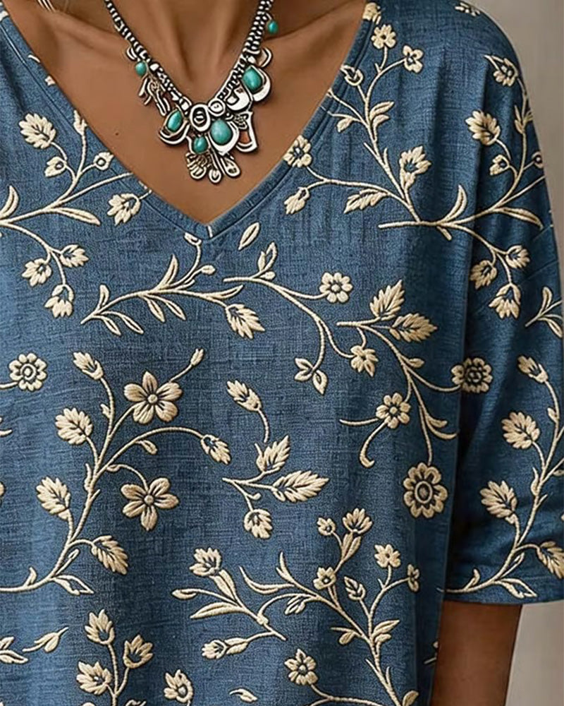 Bluse V-Ausschnitt Halbarm Blumig