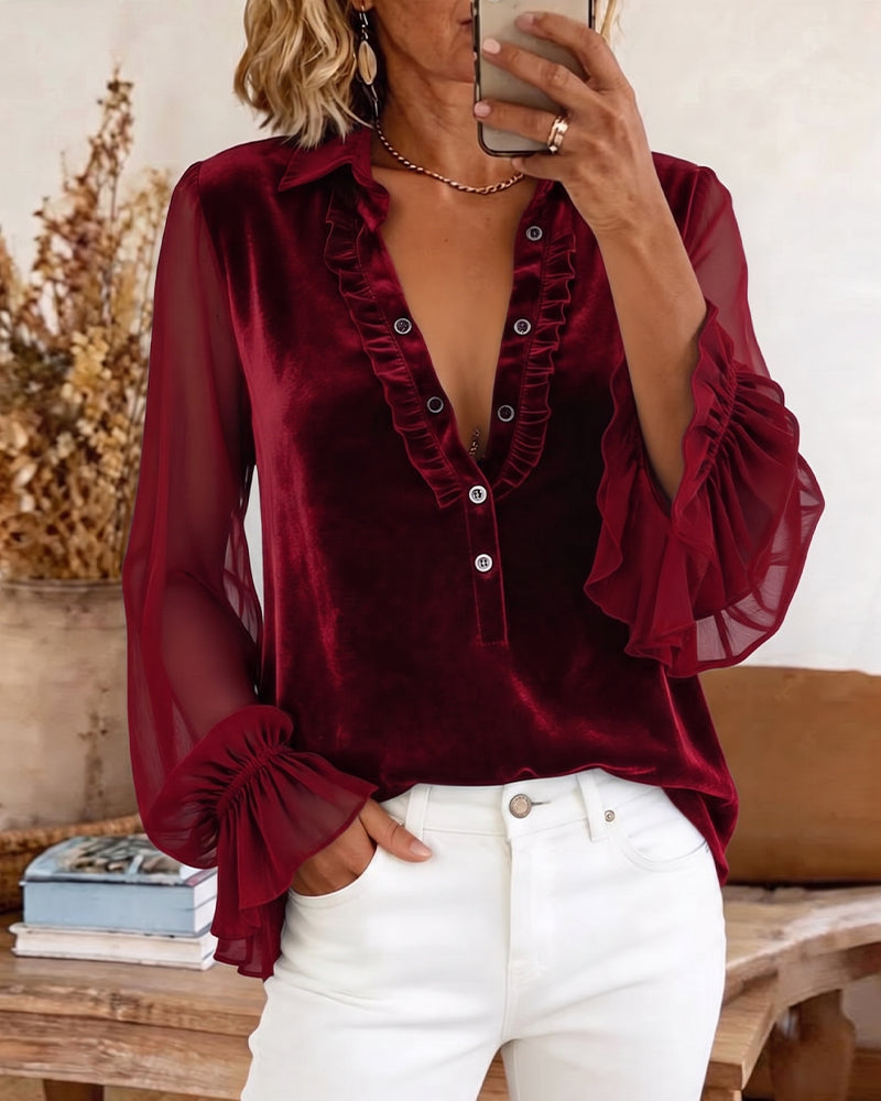 Bluse Samt Patchwork Rüschen Ärmel