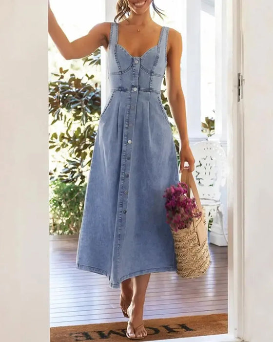 Kleid Spaghettiträger Knopf Taille Tailliert Denim