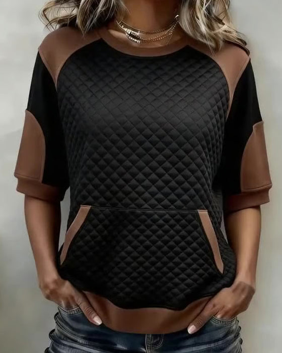 Bluse Rundhals Flickwerk Diamant Muster