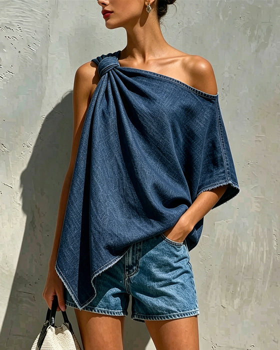 Bluse Denim Knoten Einerschulter