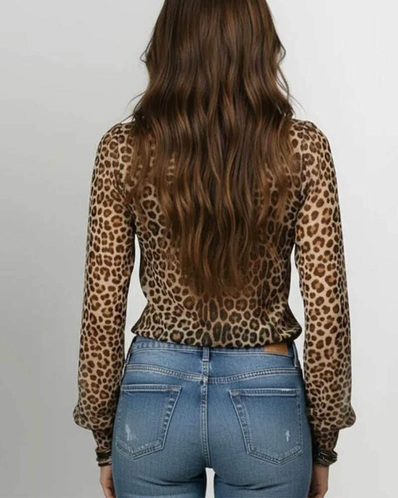 Bluse mit Rüschen V-Ausschnitt Leopardenprint