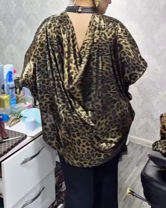 Bluse Stilvoll Lockere Passform Leopardenprint Rundhalsausschnitt