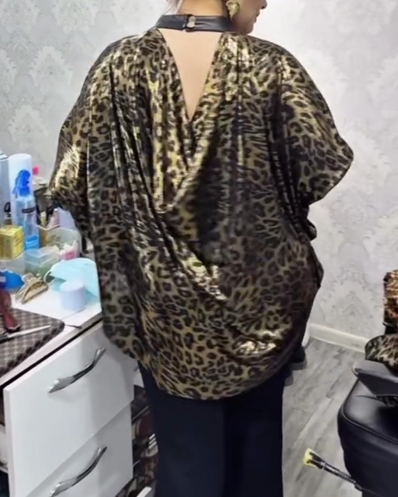 Bluse Stilvoll Lockere Passform Leopardenprint Rundhalsausschnitt