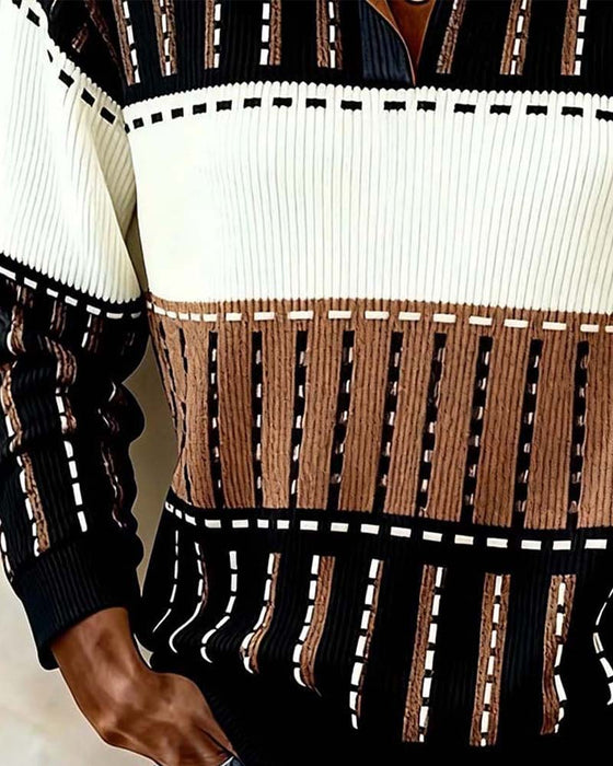 Sweatshirt Knopf Colorblock Gestreift Strukturiert