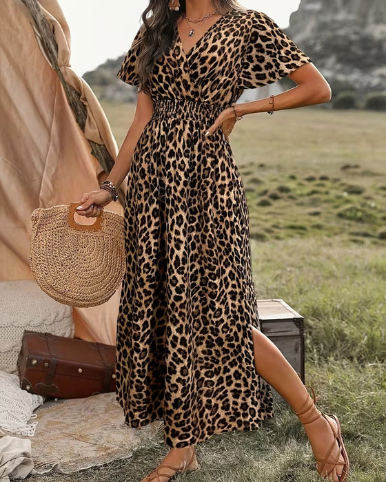 Kleid Leopard V-Ausschnitt Elastische Taille A-Linie