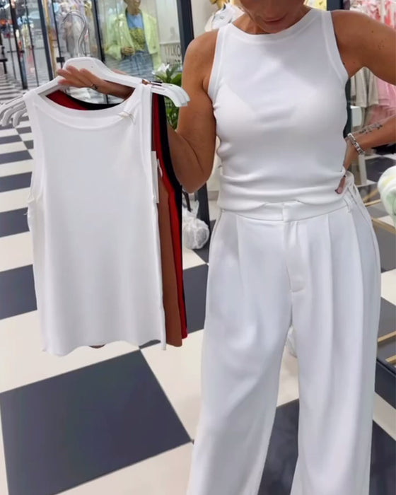 Tanktop Ärmellos Unifarben Rundhals
