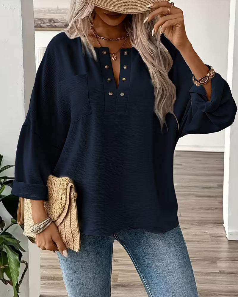 Hemd Knopfdetal Tasche V-Ausschnitt