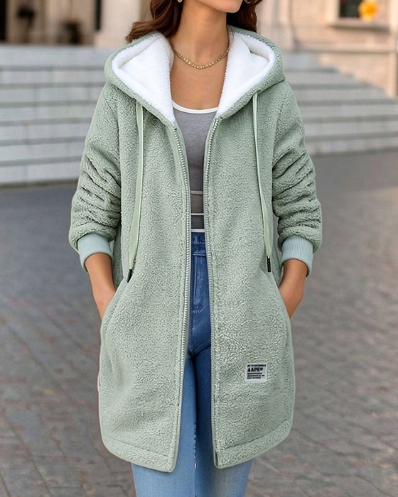 Mantel Fleece Gefüttert Reißverschluss Tasche Kapuze