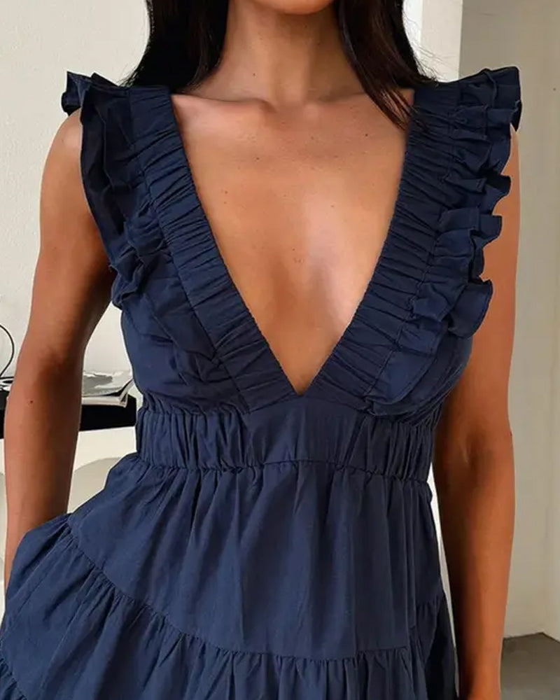 Kleid Tiefes V Rüsche Ärmellos