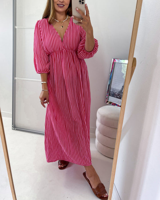 Kleid V-Ausschnitt Laternenärmel gestreift