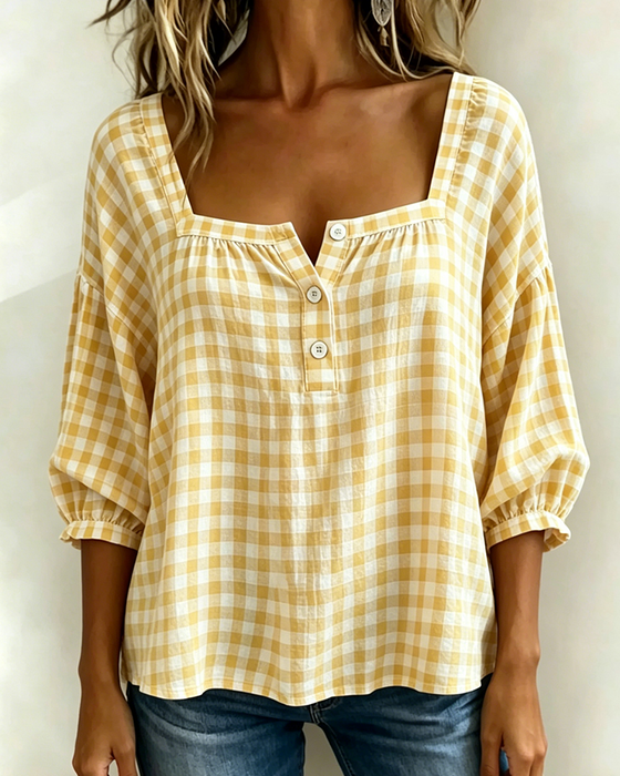 Bluse Quadratischer Ausschnitt Knopfleiste Karo