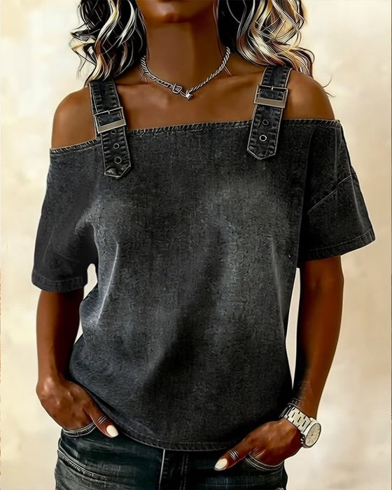 Bluse Off-Shoulder Mit Schulterriemen Denim