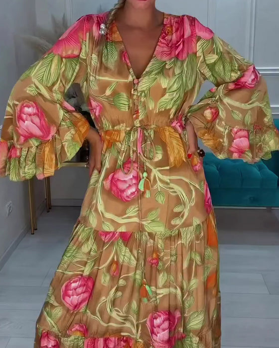 Kleid V-Ausschnitt Weiter Rock Blumen
