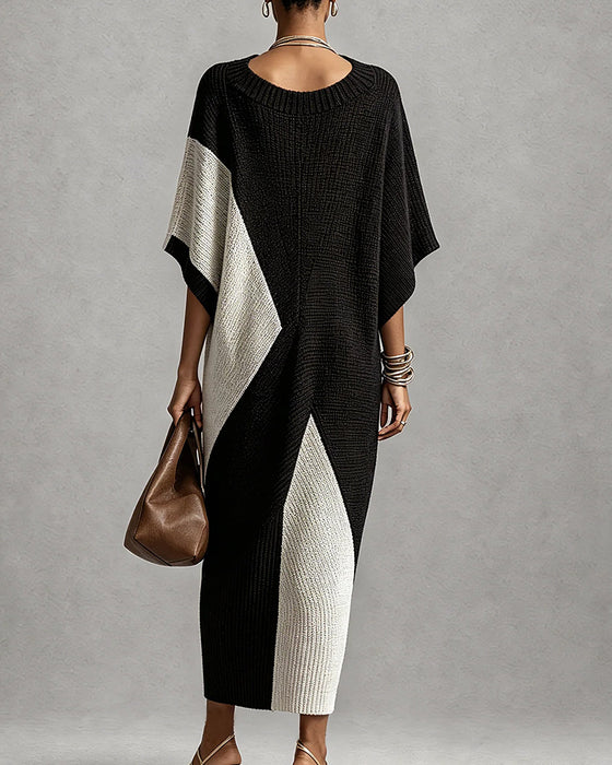 Sweater Kleid Farbblock V-Ausschnitt