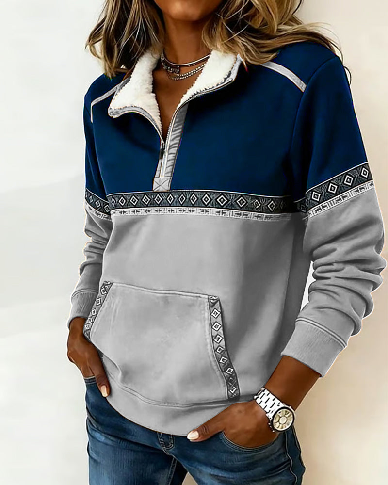 Retro-Sweatshirt mit Color-Blocking und Pelzkragen