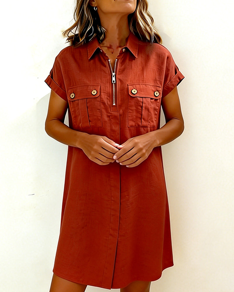 Kleid Reißverschluss Tasche Kurzarm Baumwolle Leinen