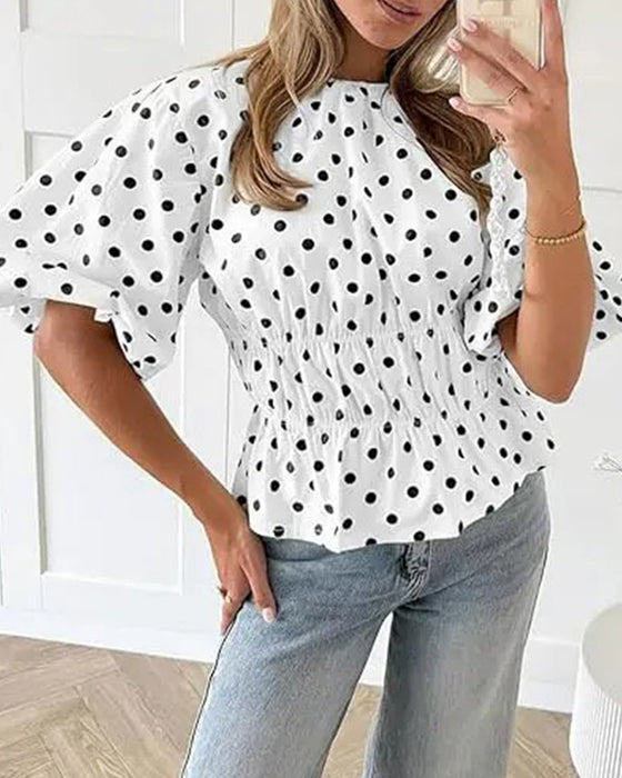 Bluse Pünktchen Off-Shoulder Tailliert Blasenärmel