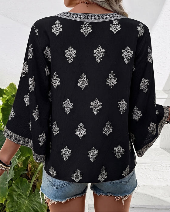 Bluse V-Ausschnitt Ethnisch Locker