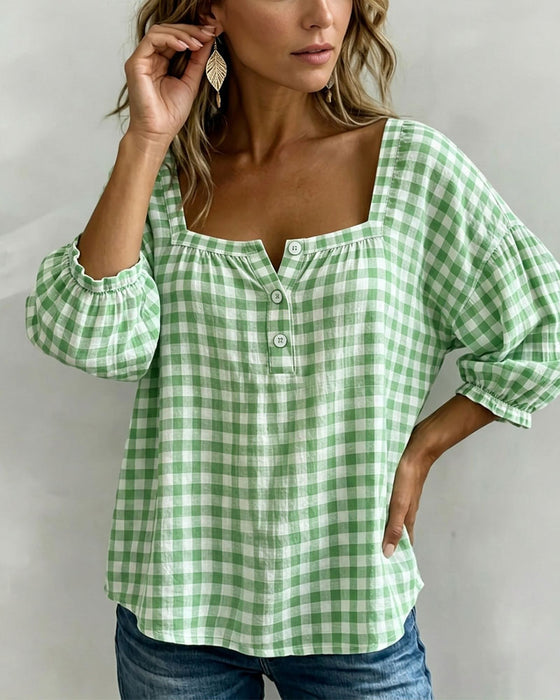 Bluse Quadratischer Ausschnitt Knopfleiste Karo