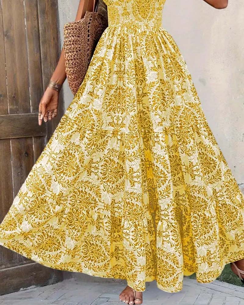 Kleid Retro Print V-Ausschnitt Tailliert Lang