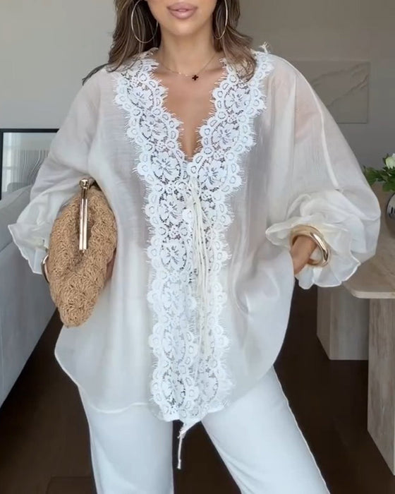 Bluse V-Ausschnitt Spitze Panel Rüsche