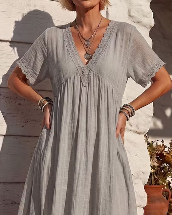 Kleid V-Ausschnitt Gerafft Spitze Patchwork