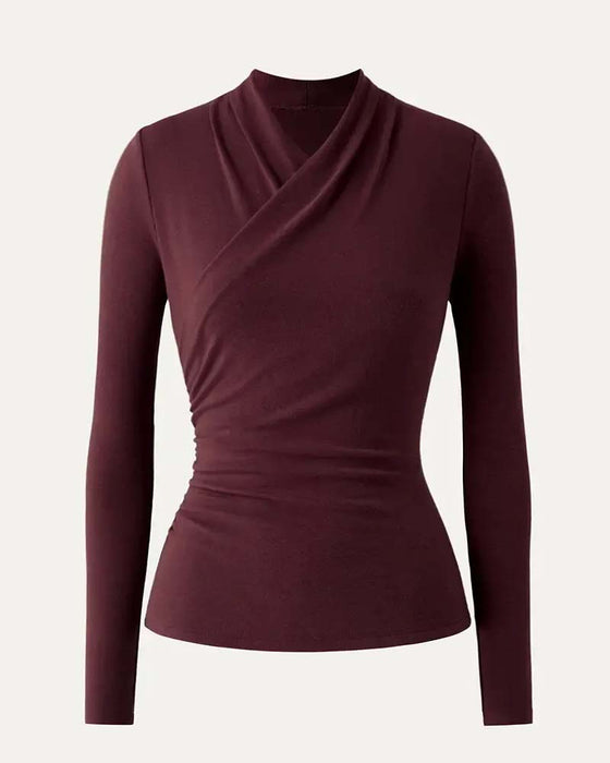 Top Kreuz V-Ausschnitt Plissierte Taille Langarm