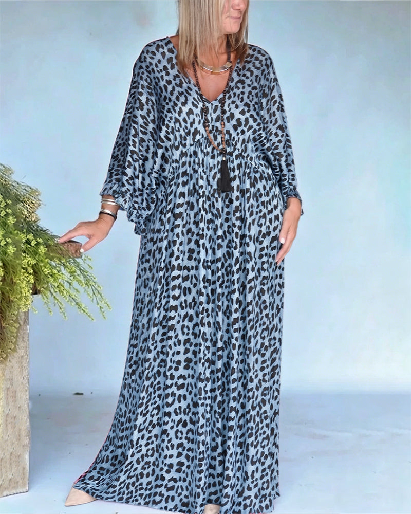 Kleid V-Ausschnitt Leopardenprint Loose Fit Lässig