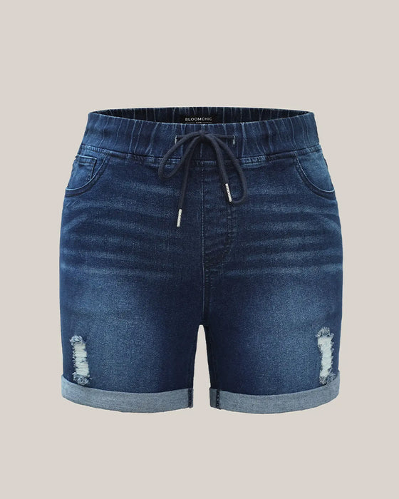 Shorts Elastische Taille Zerrissene Jeans