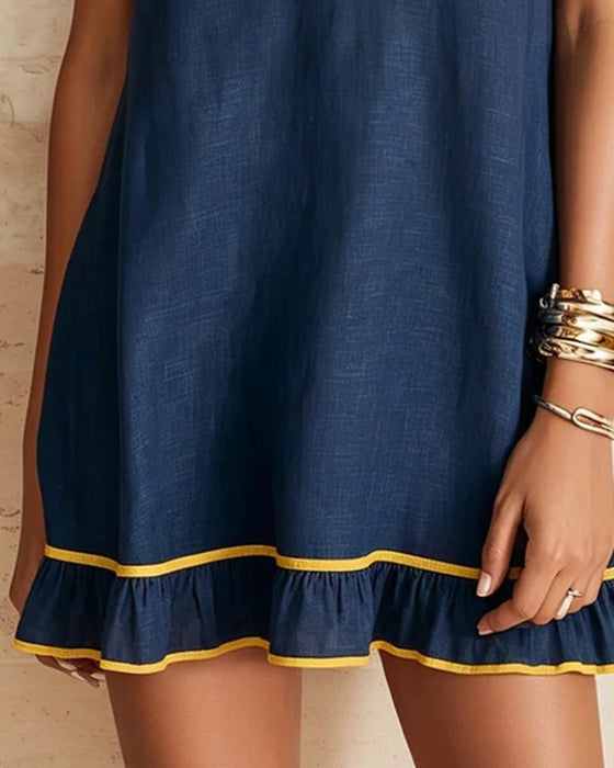 Kleid Revers Farbblock Rüsche Ärmel