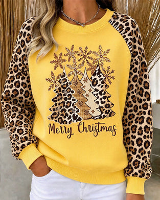 Sweatshirt Rundhals Leopardenmuster Weihnachtsbaum Farbblock