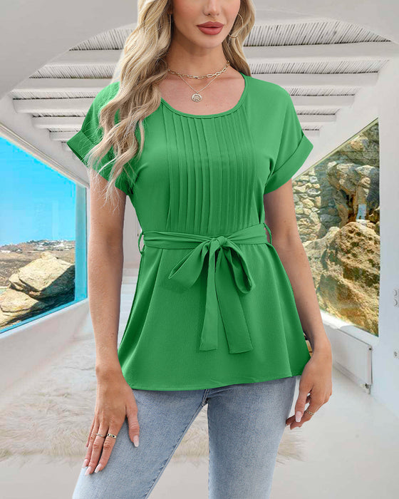Bluse plissiert Rundhalsausschnitt einfarbig mit Schleife