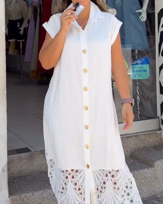 Kleid Ärmellos Hemd Spitzensaum Lang