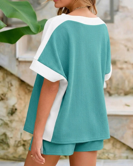 Set Farbblock Kurzer Ärmel Shorts Lässig
