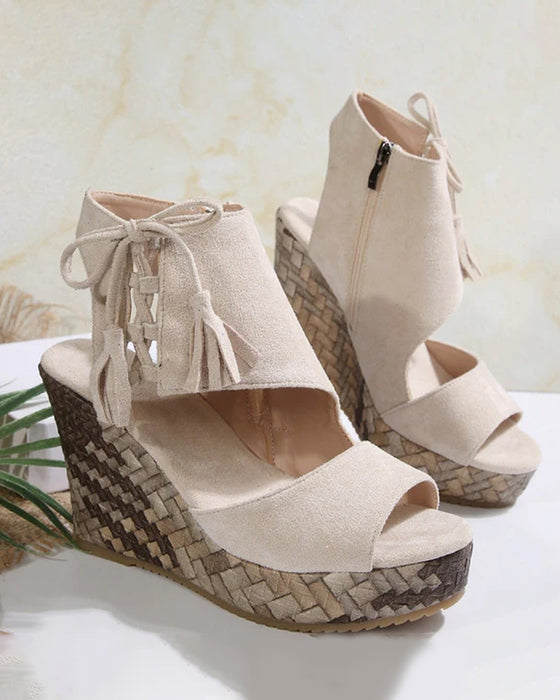 👡Damen-Sandalen mit offener Zehenpartie und Plateau-Keilabsatz und Quaste