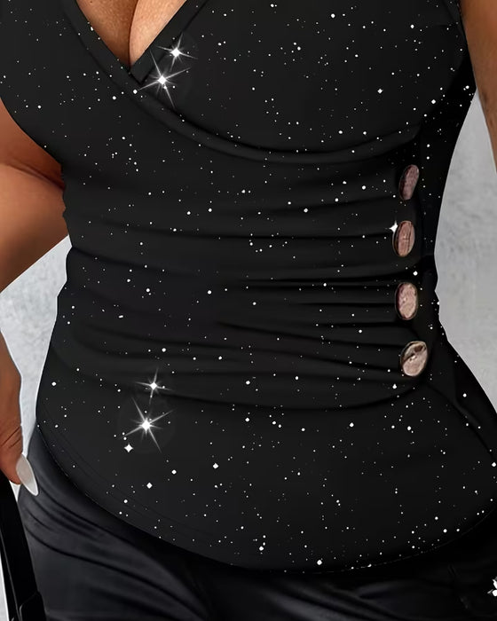 T-Shirt Sexy V-Ausschnitt Metallknopf