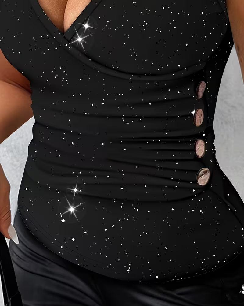 T-Shirt Sexy V-Ausschnitt Metallknopf