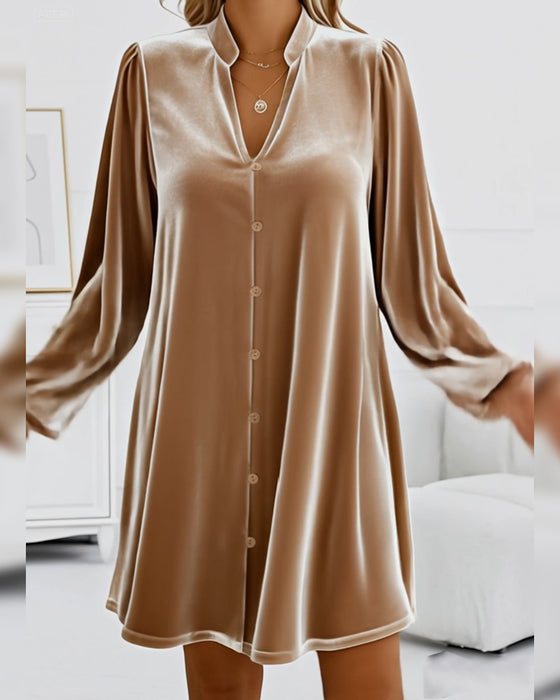 Kleid Stehkragen Langarm Samt