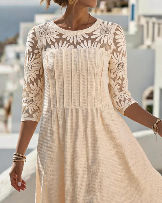 Kleid Rundhals Spitze Patchwork Waffel