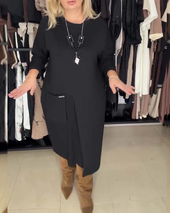 Kleid Rundhals Lockere Passform Uni Farbe