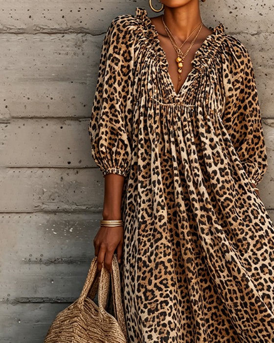Kleid Leopard Druck V-Ausschnitt Puff Ärmel