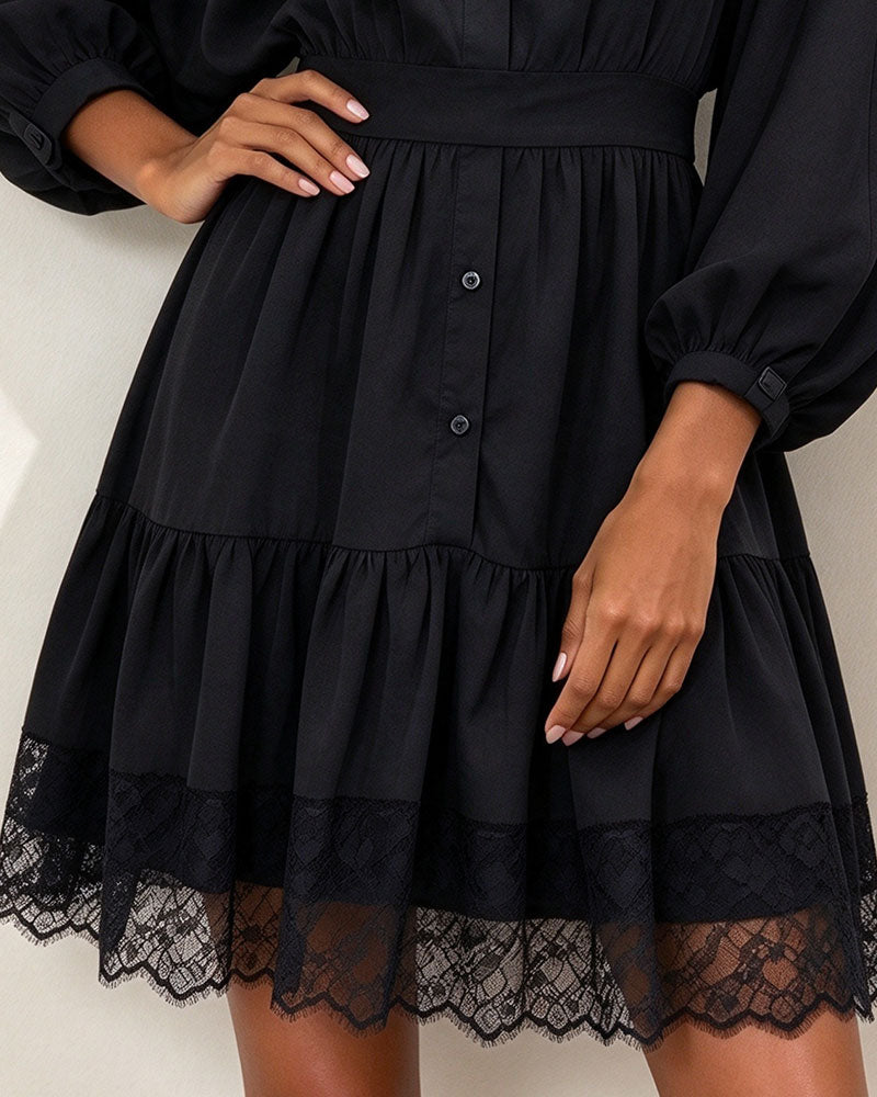 Kleid Stehkragen Laternenärmel Spitze Patchwork