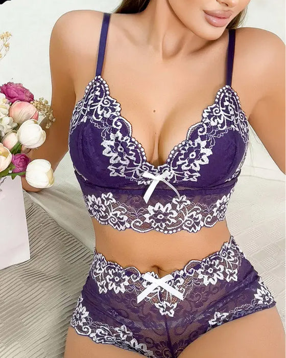 Damen-Spitzen-Unterwäsche-Set Mit Push-Up-Bh Und Slip Im Blumenmuster