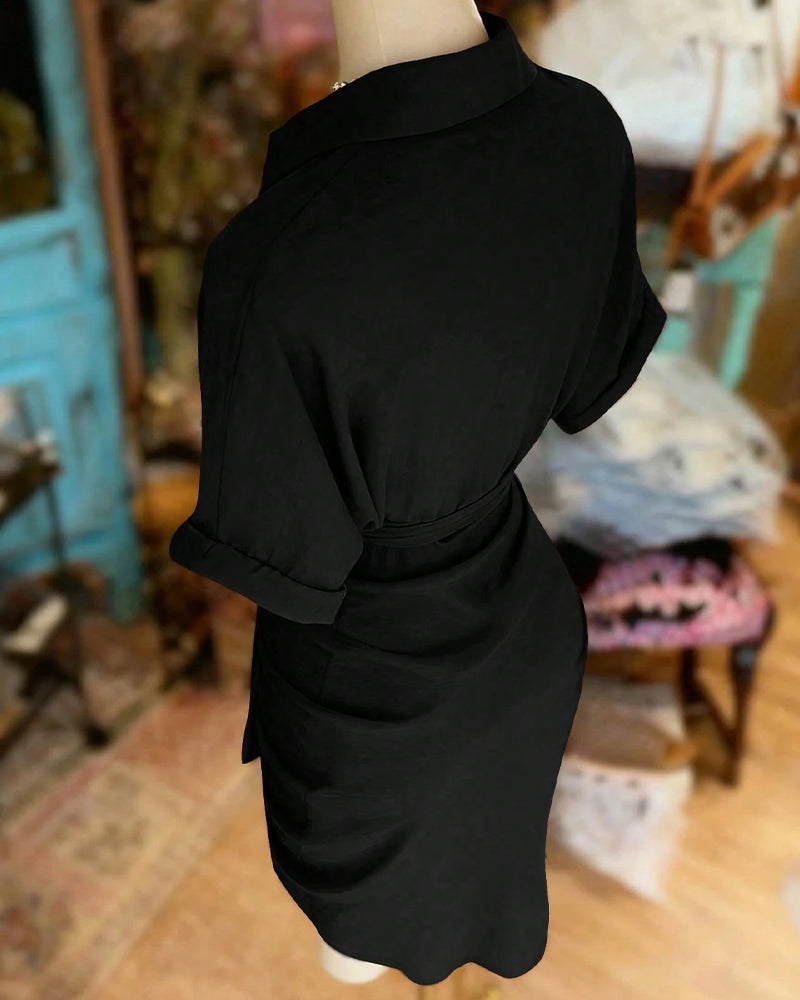 Kleid Binden Knopf Plissiert Hemd Kragen