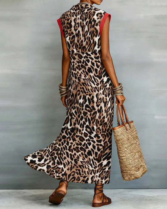 Kleid Revers Leopard Druck Kontrast Maxi