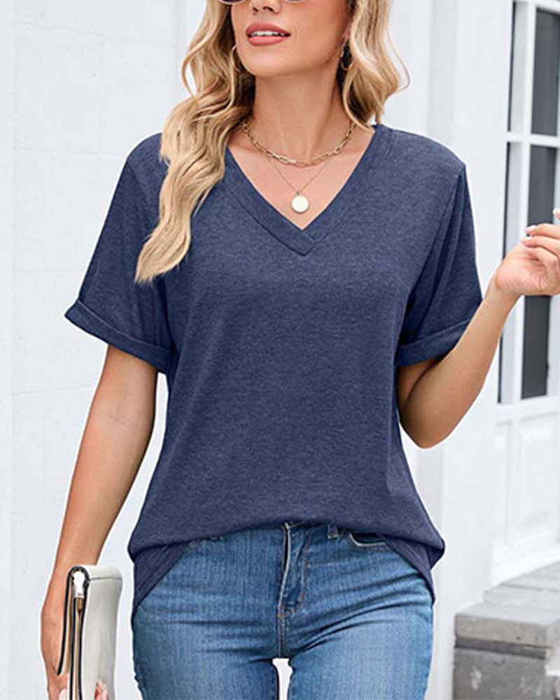 T-Shirt Einfarbig V-Ausschnitt Lässig Kurzarm