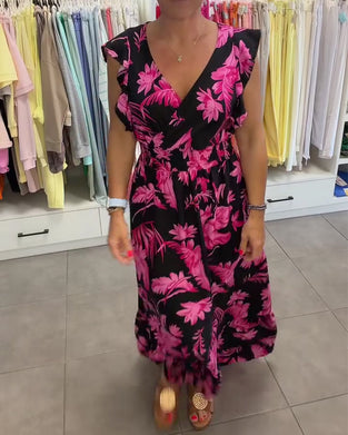 Kleid Tropisch Blumig V-Ausschnitt Figurbetonte Taille Lang